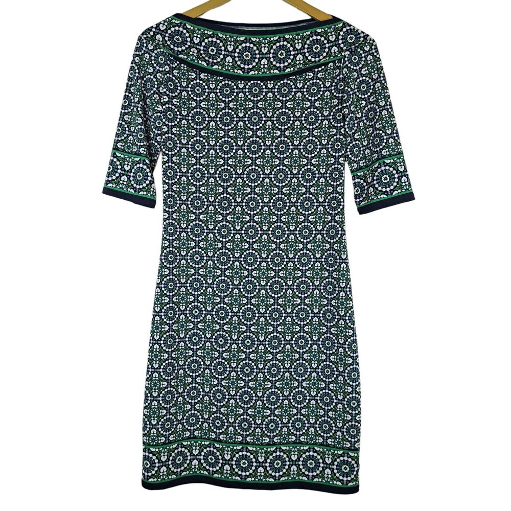Max Studio Shift Dress Floral Mandala Pattern Boat Neck Boho 3/4 sleeve Green XS